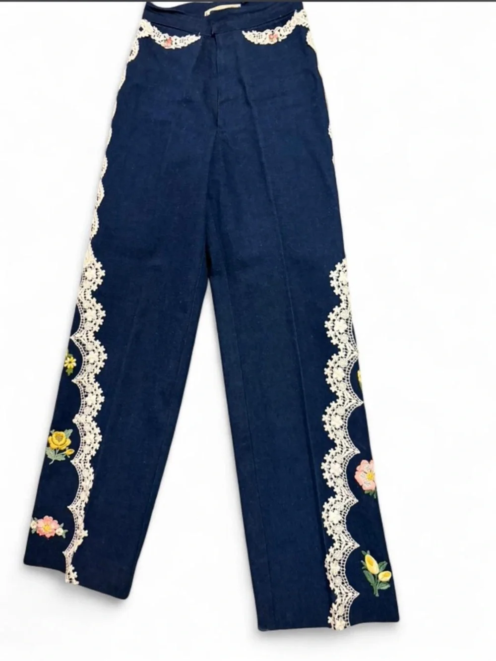 Two-Piece Navy Embroidered Lace Trim Pant Set - Picture 3 of 4